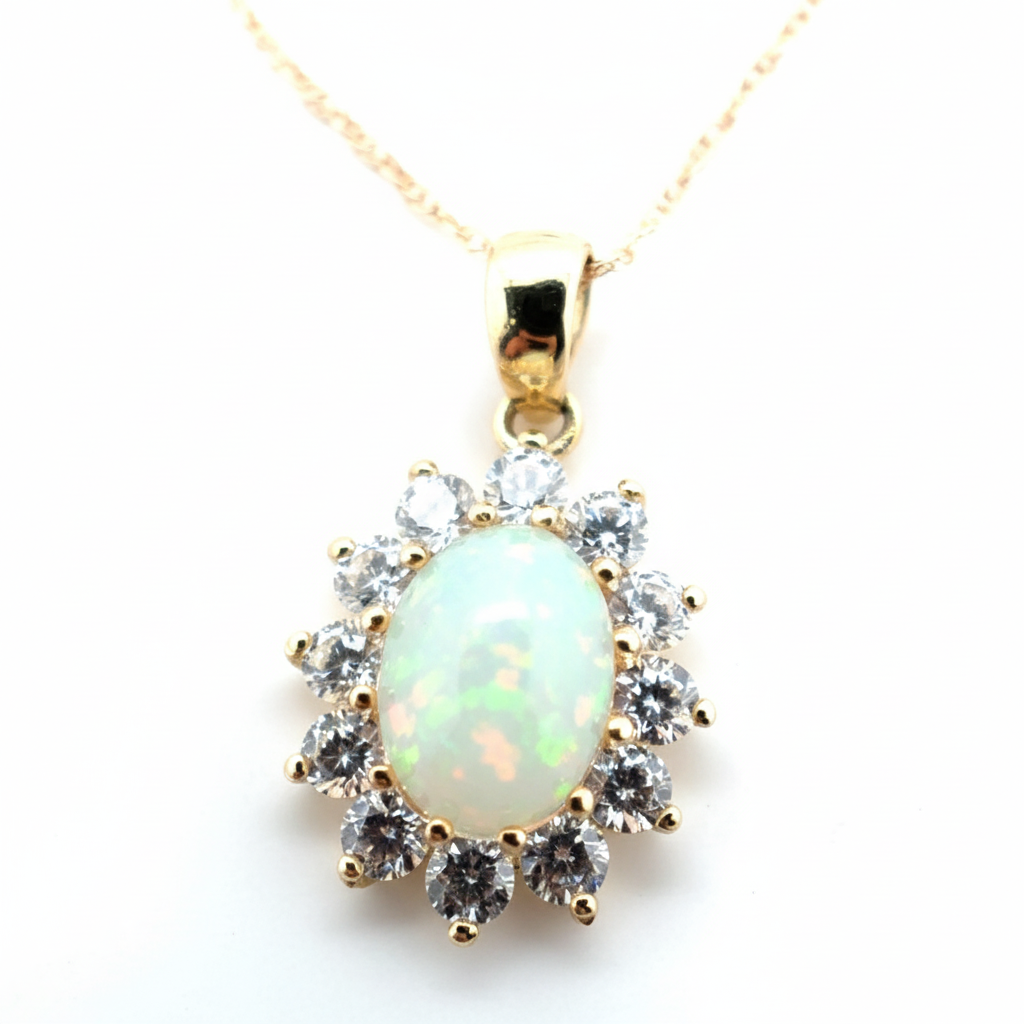 9ct Yellow Gold Opal and Cubic Zirconia Pendant