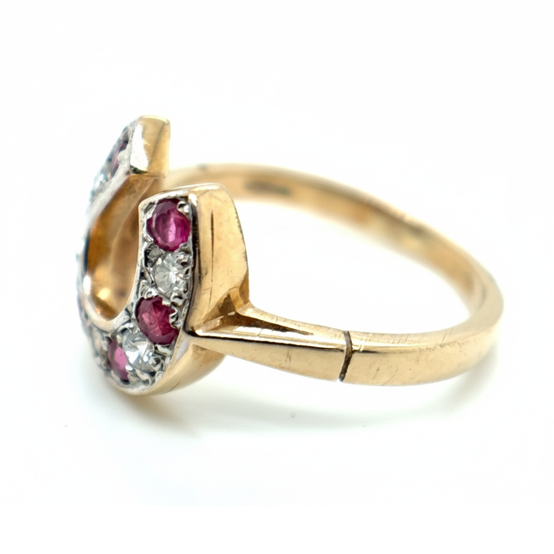 9ct Yellow Gold Ruby And Diamond Horseshoe Ring