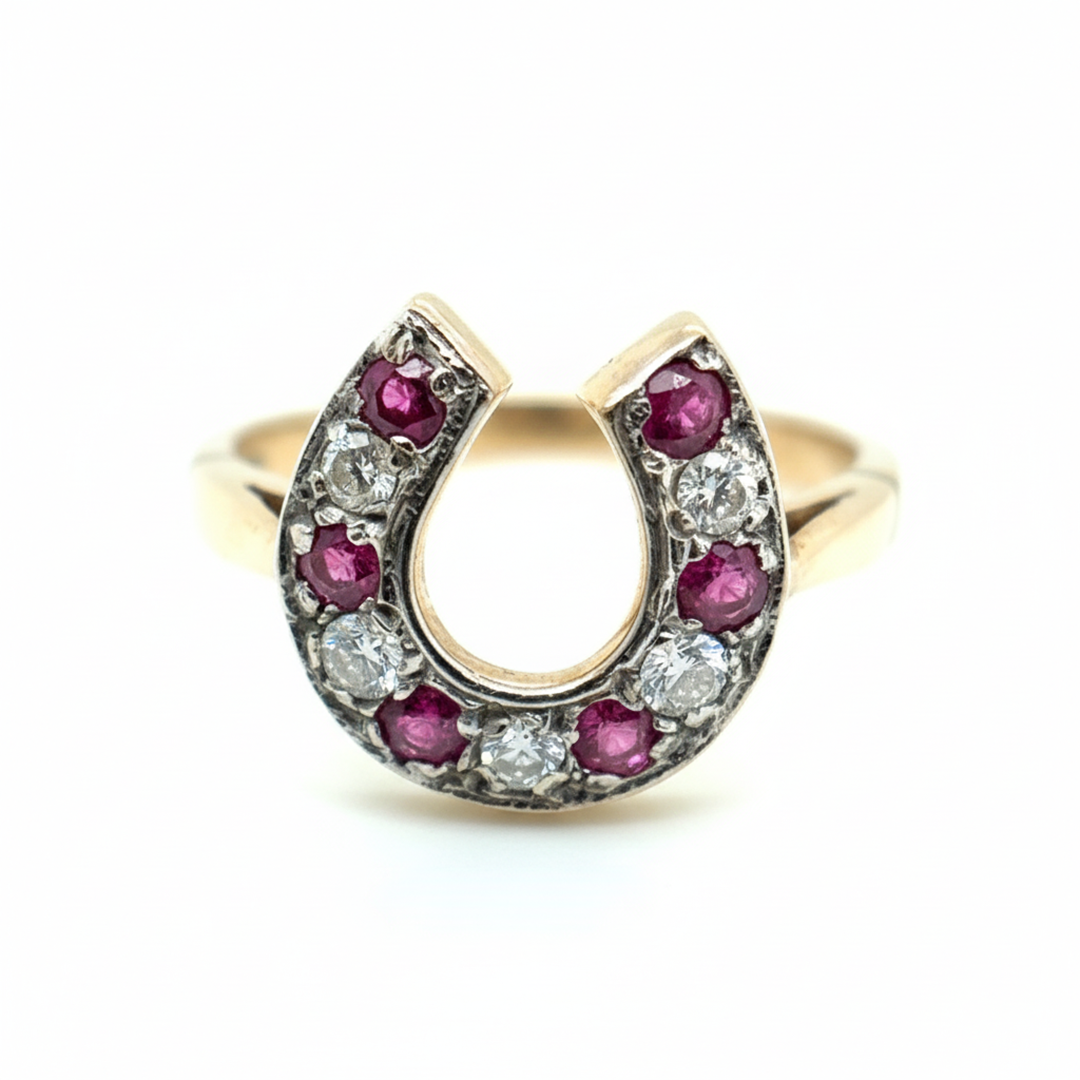 9ct Yellow Gold Ruby And Diamond Horseshoe Ring