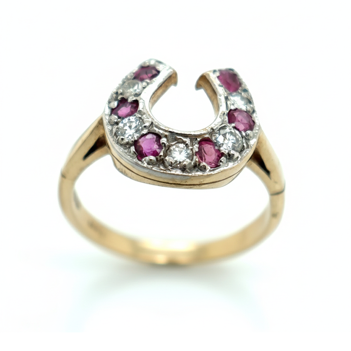 9ct Yellow Gold Ruby And Diamond Horseshoe Ring