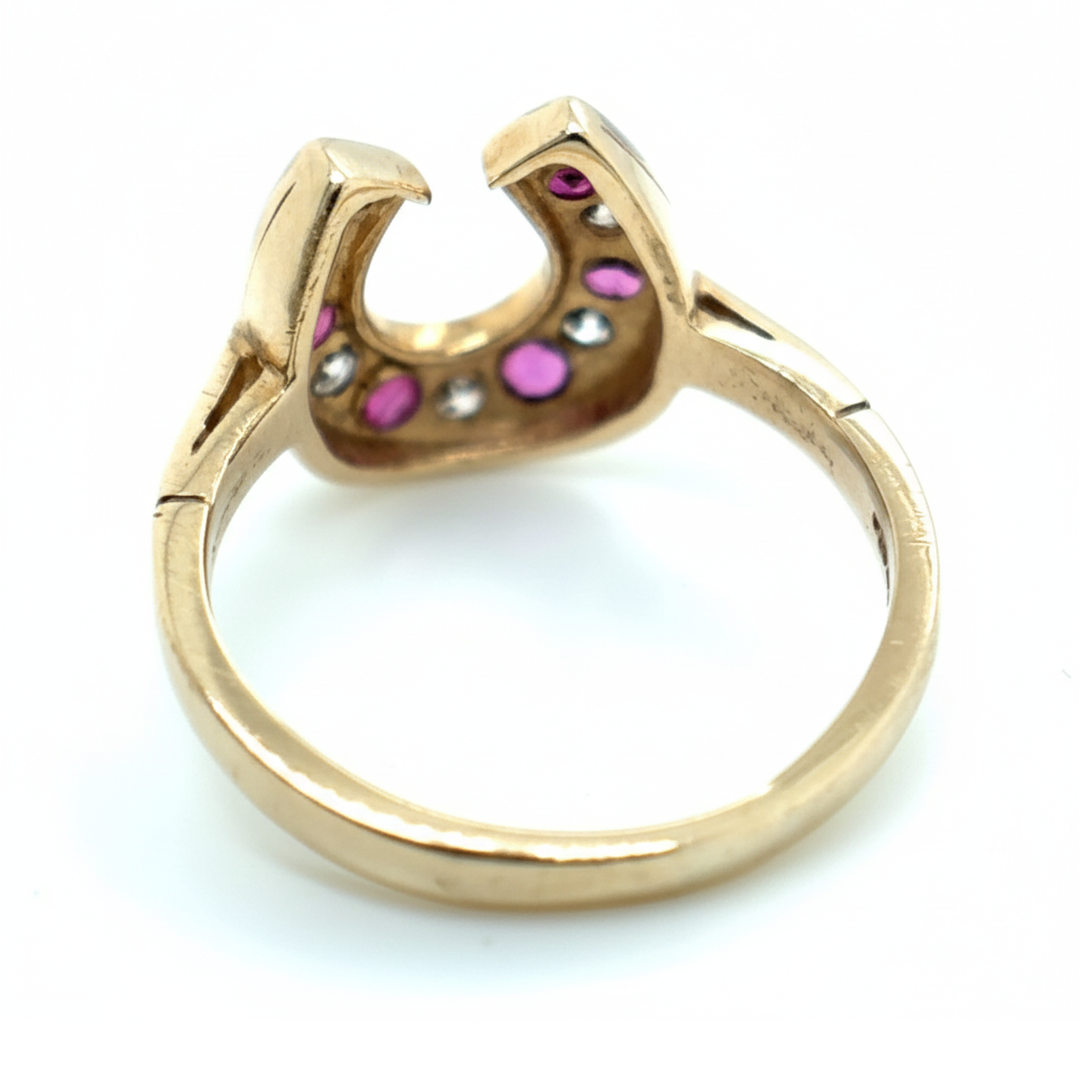 9ct Yellow Gold Ruby And Diamond Horseshoe Ring