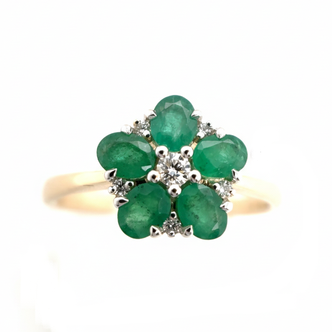 9ct Yellow Gold Emerald And Diamond Flower Ring