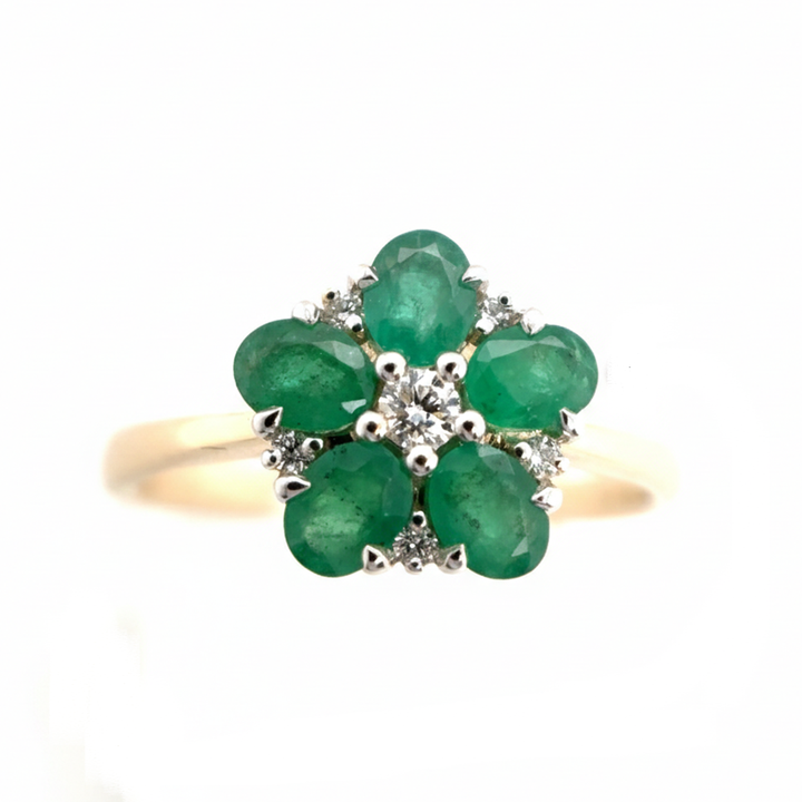 9ct Yellow Gold Emerald And Diamond Flower Ring