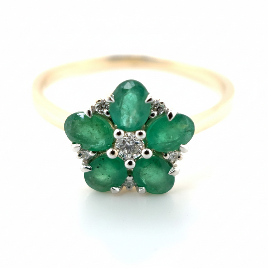 9ct Yellow Gold Emerald And Diamond Flower Ring