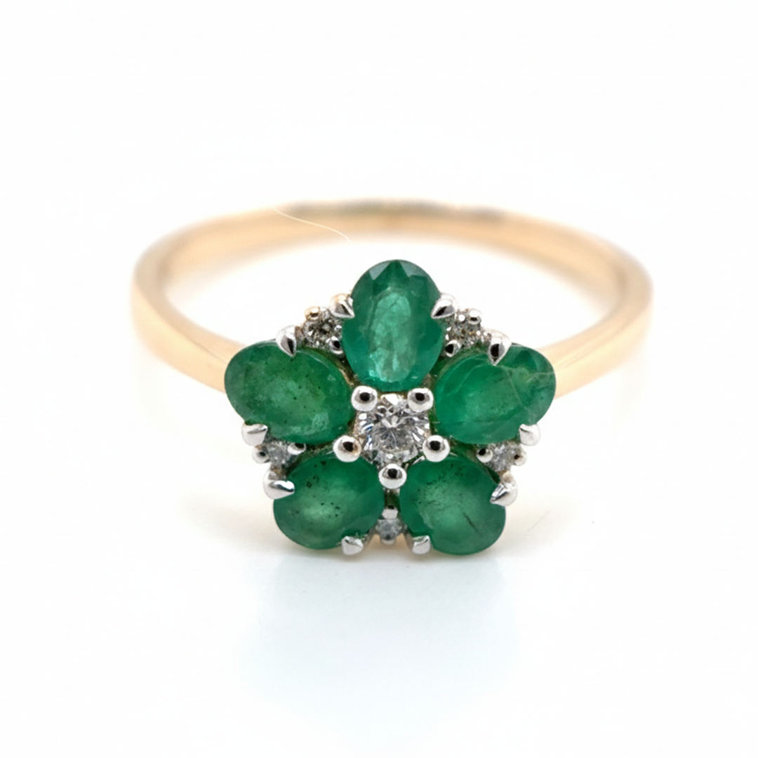 9ct Yellow Gold Emerald And Diamond Flower Ring