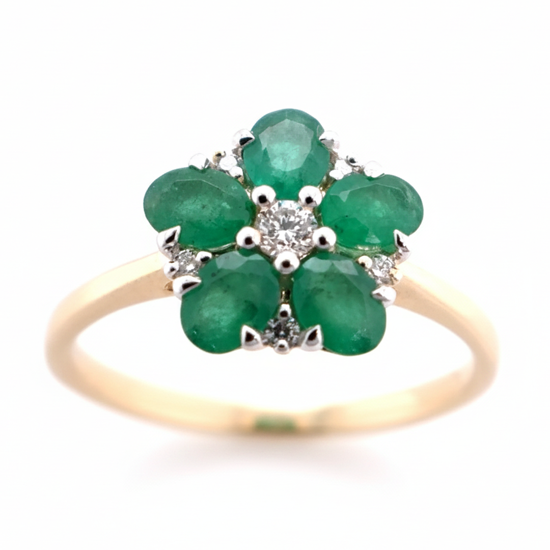 9ct Yellow Gold Emerald And Diamond Flower Ring