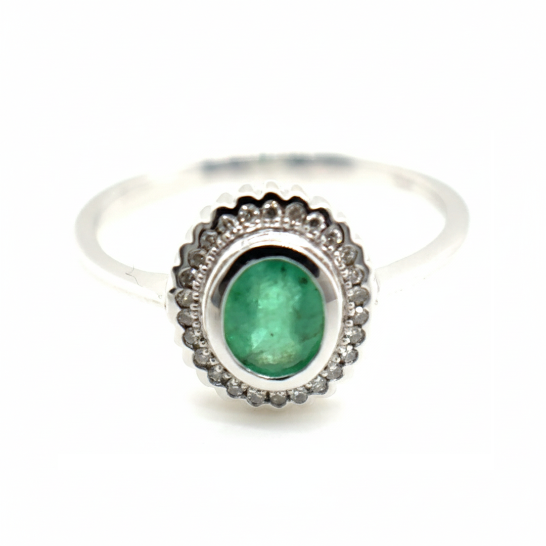 9ct White Gold Emerald and Diamond Oval Cluster Ring