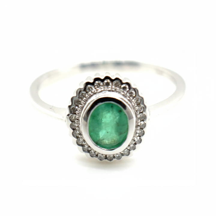 9ct White Gold Emerald and Diamond Oval Cluster Ring