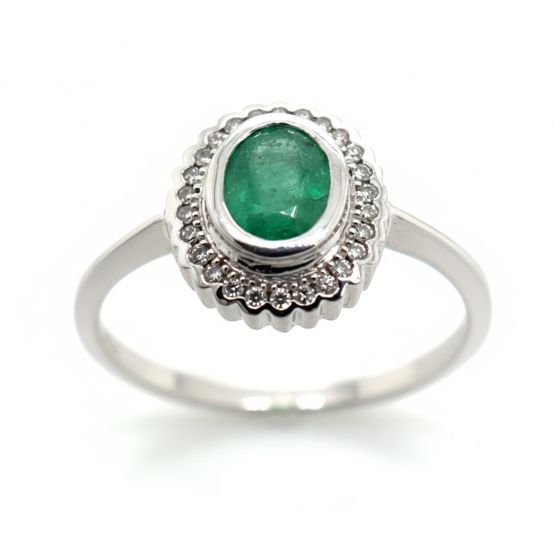 9ct White Gold Emerald and Diamond Oval Cluster Ring