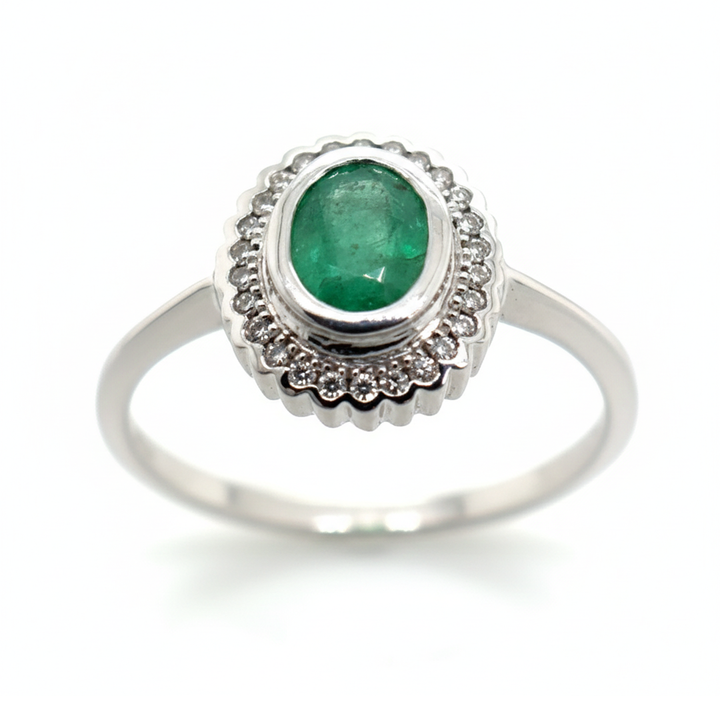 9ct White Gold Emerald and Diamond Oval Cluster Ring