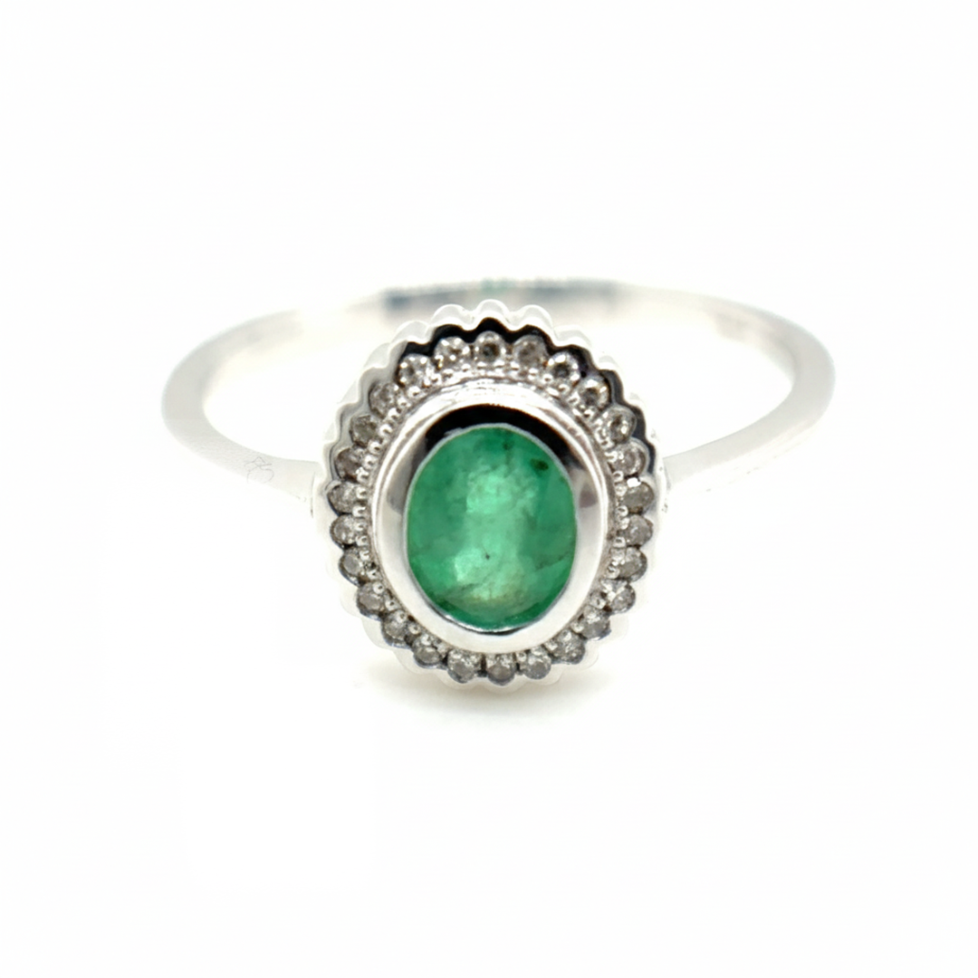 9ct White Gold Emerald and Diamond Oval Cluster Ring