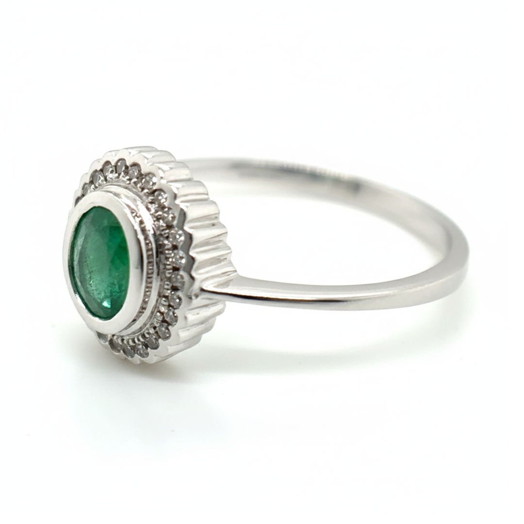 9ct White Gold Emerald and Diamond Oval Cluster Ring
