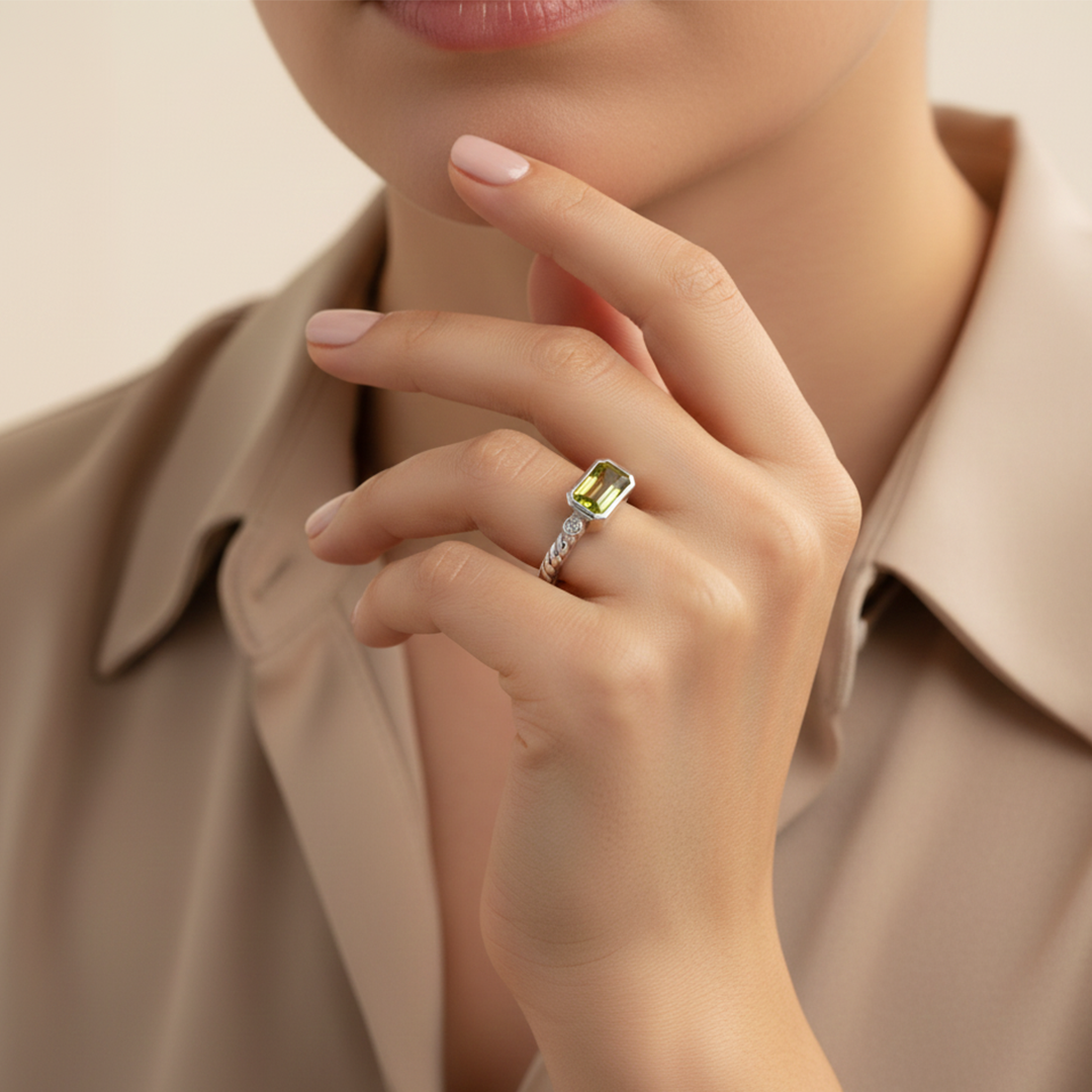 9ct White Gold Peridot and Diamond Ring