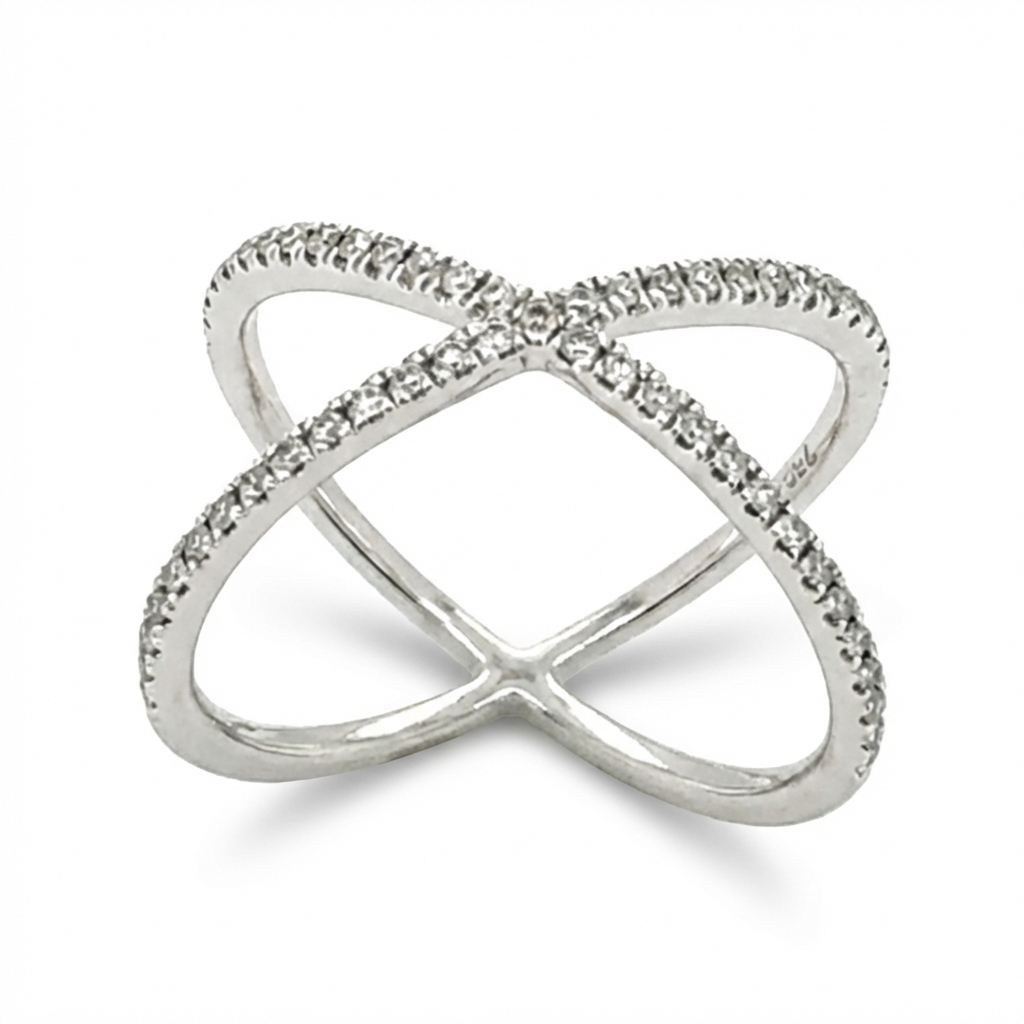 18ct White Gold Diamond Cross Over Ring