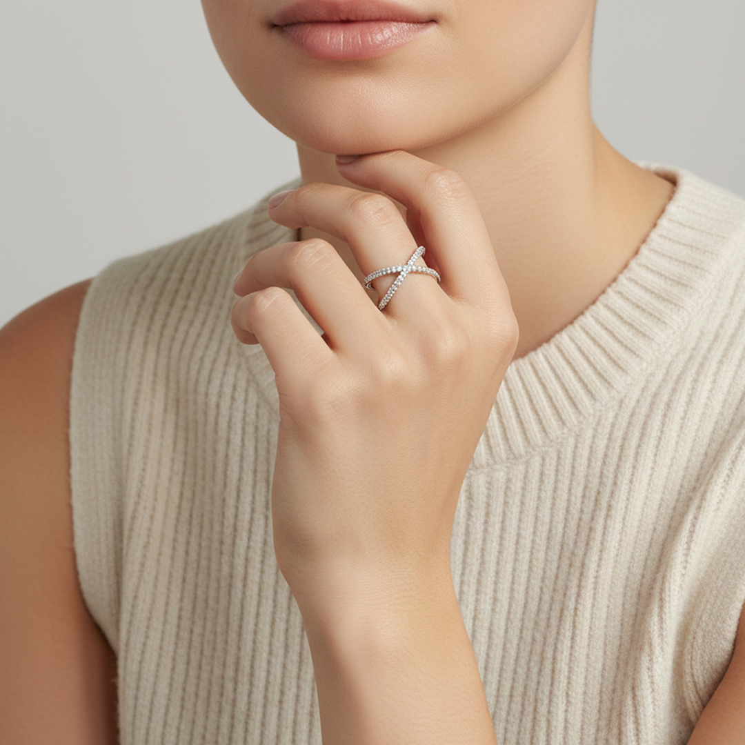 18ct White Gold Diamond Cross Over Ring