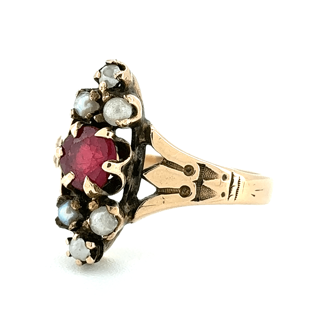 14ct Yellow Gold Ruby and Seed Pearl Ring