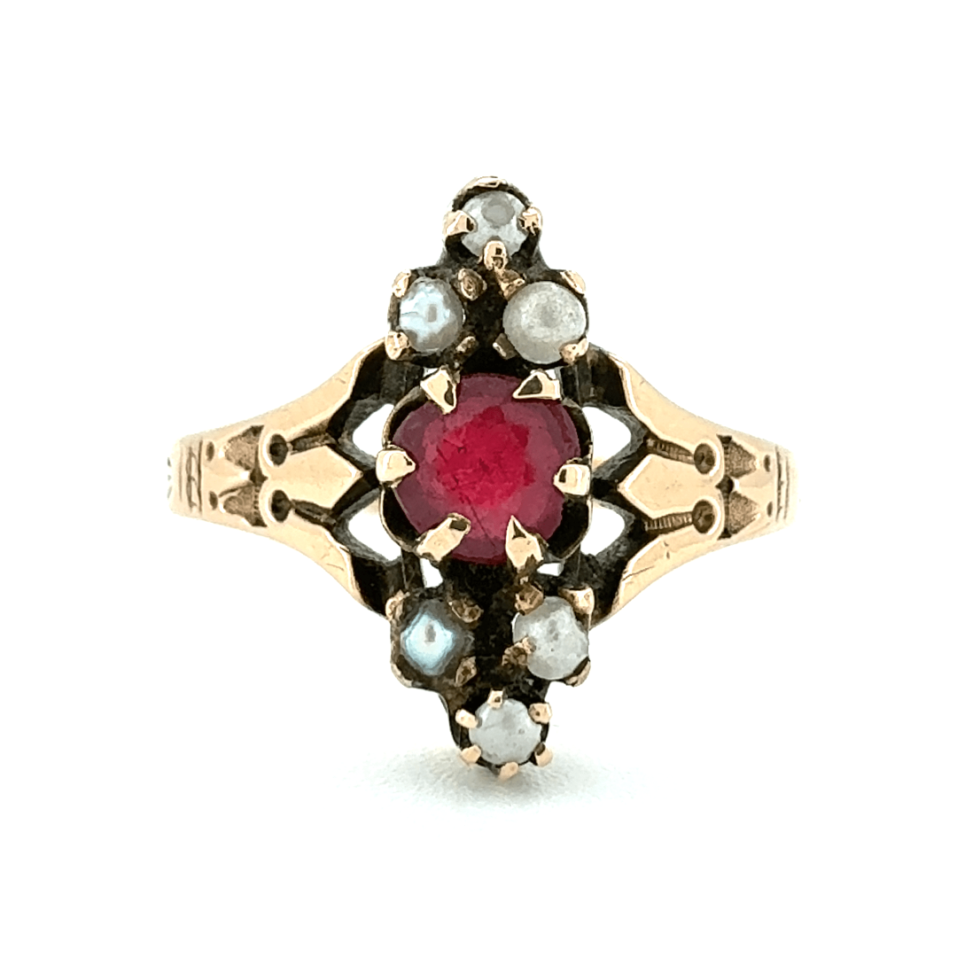 14ct Yellow Gold Ruby and Seed Pearl Ring