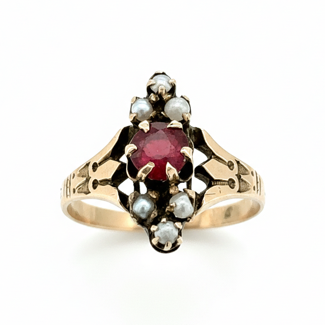 14ct Yellow Gold Ruby and Seed Pearl Ring