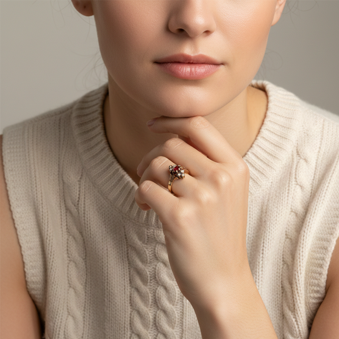 14ct Yellow Gold Ruby and Seed Pearl Ring