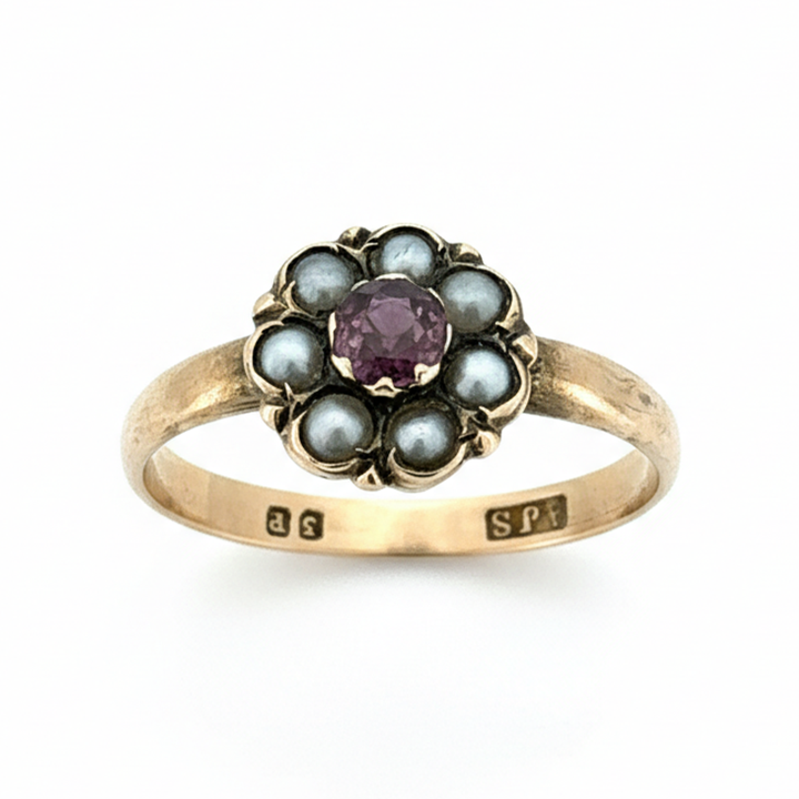 9ct Yellow Gold Ruby and Seed Pearl Ring