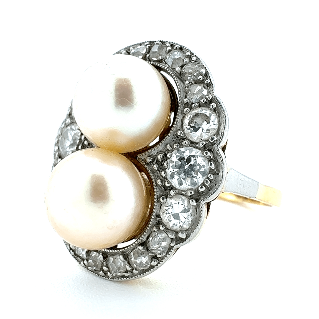 18ct Yellow Gold Pearl and Diamond Art Deco Ring