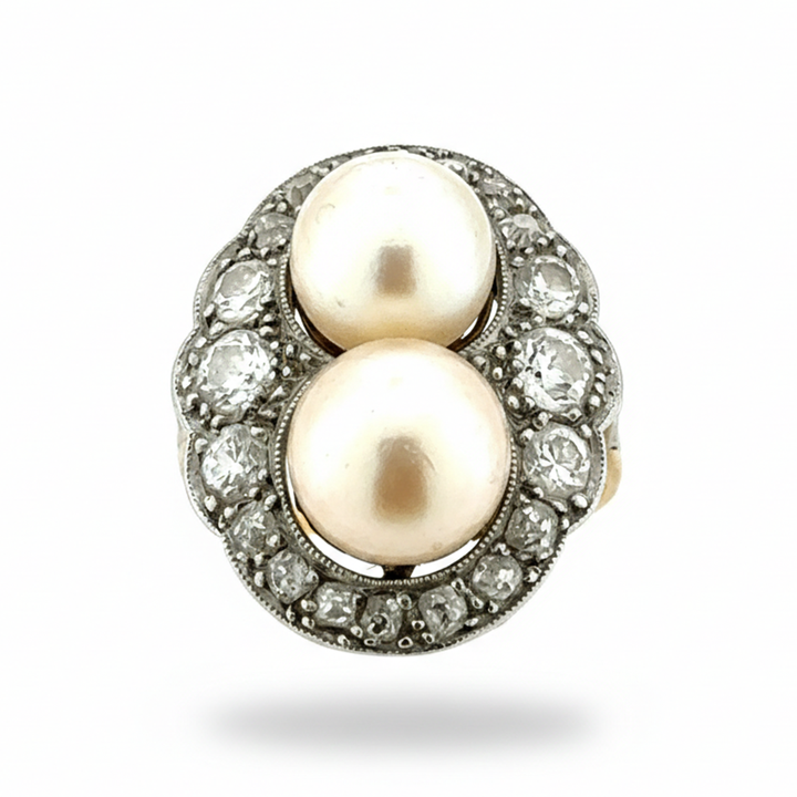 18ct Yellow Gold Pearl and Diamond Art Deco Ring