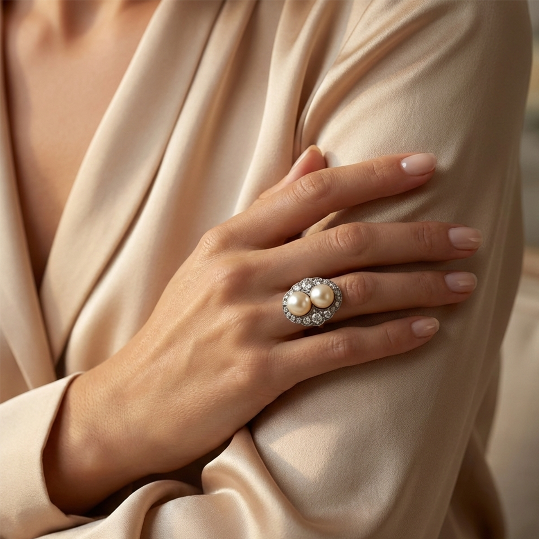 18ct Yellow Gold Pearl and Diamond Art Deco Ring