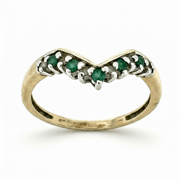 9ct Yellow Gold Emerald And Diamond Wishbone Ring