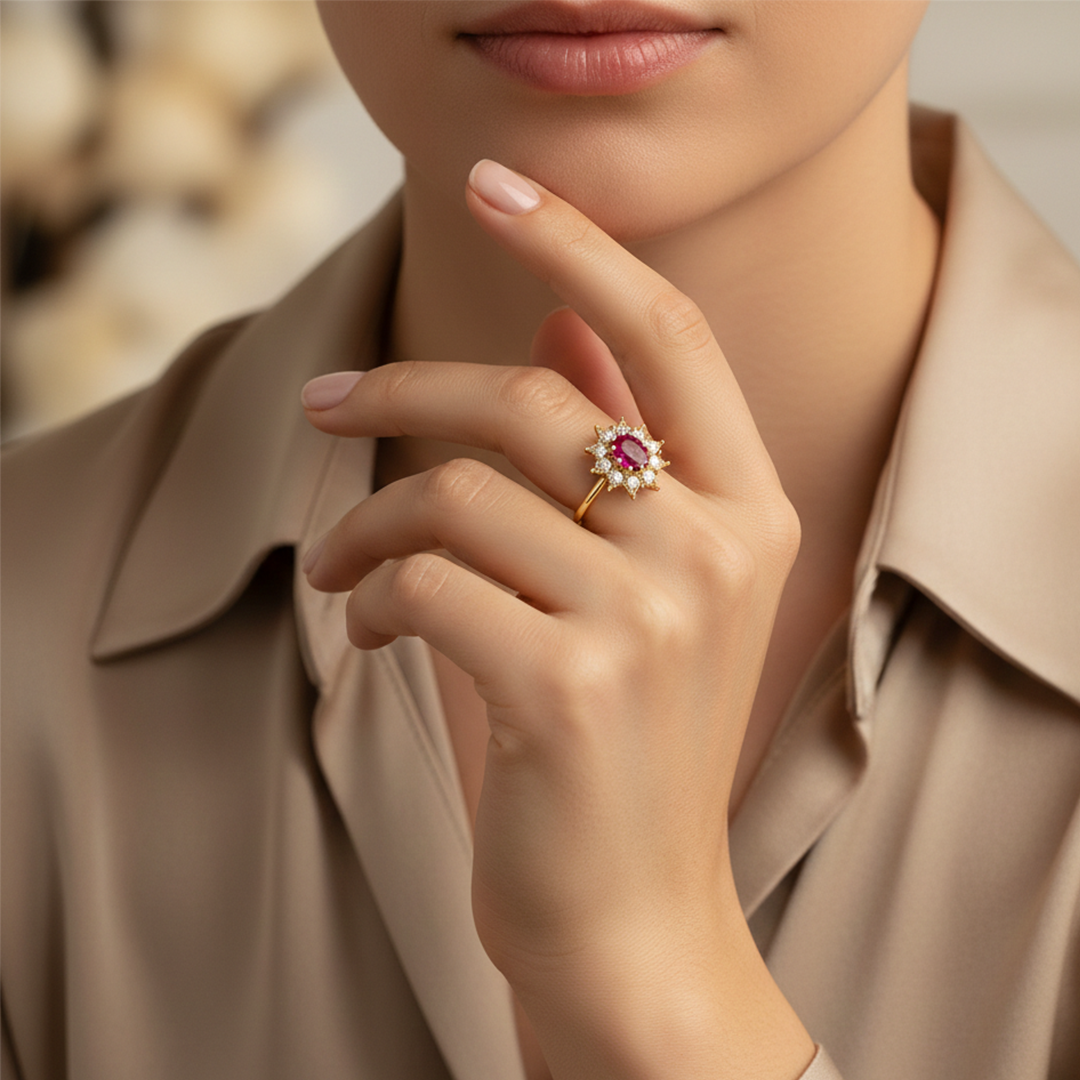 18ct Yellow Gold Ruby and Diamond Cluster Ring