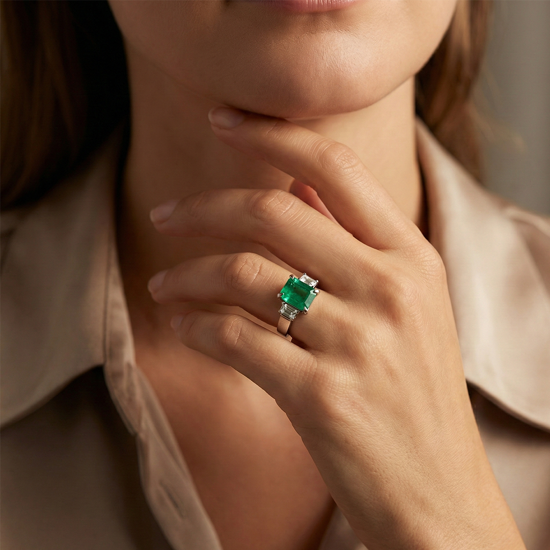 Platinum Emerald And Diamond Ring