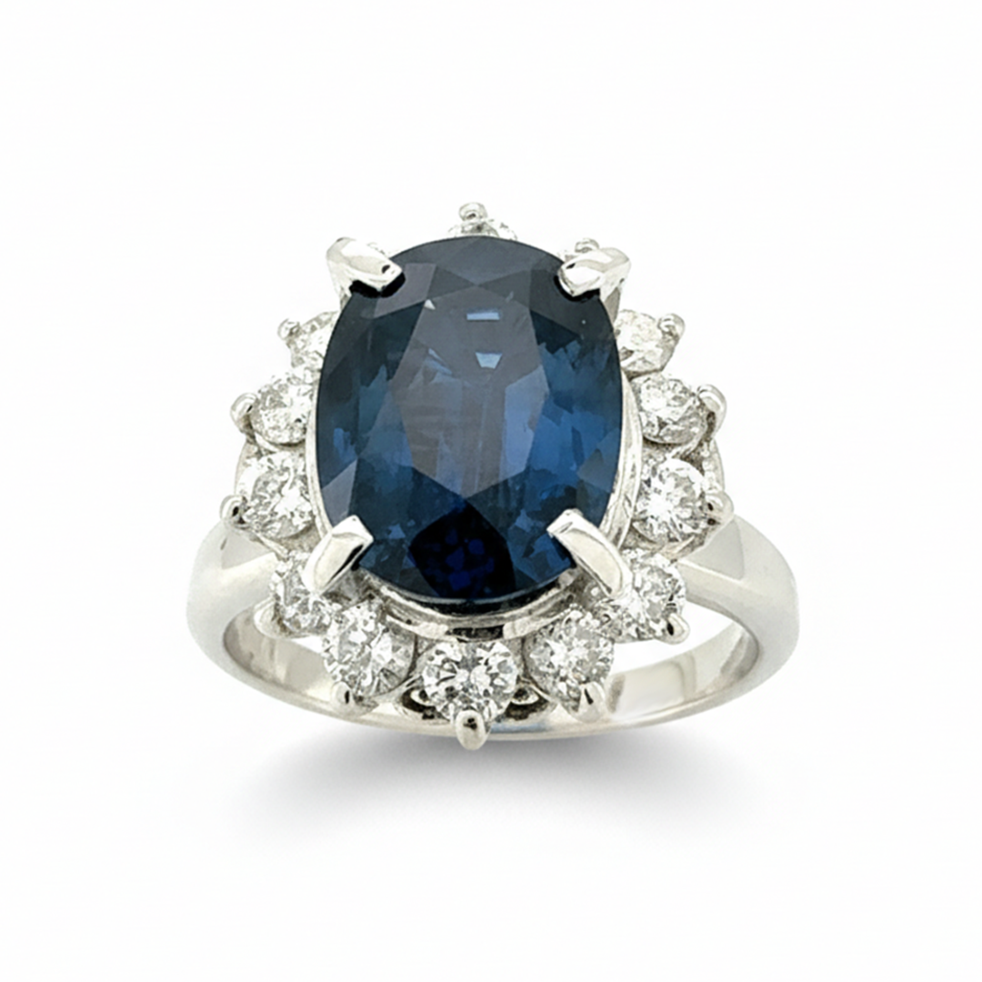 Platinum Sapphire And Diamond Cluster Ring