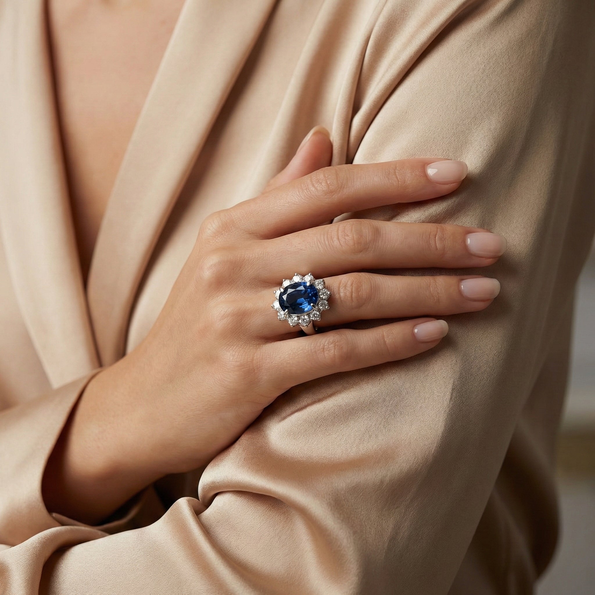 Platinum Sapphire And Diamond Cluster Ring