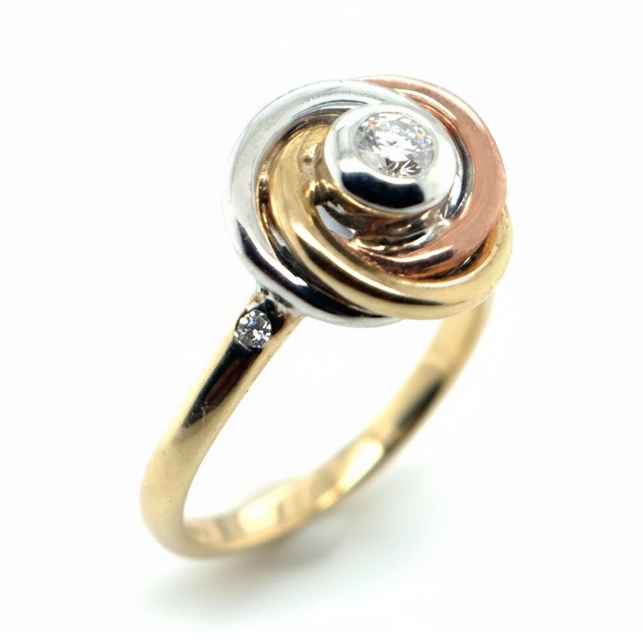 9ct Three Tone Gold Swirl with Diamond Ring