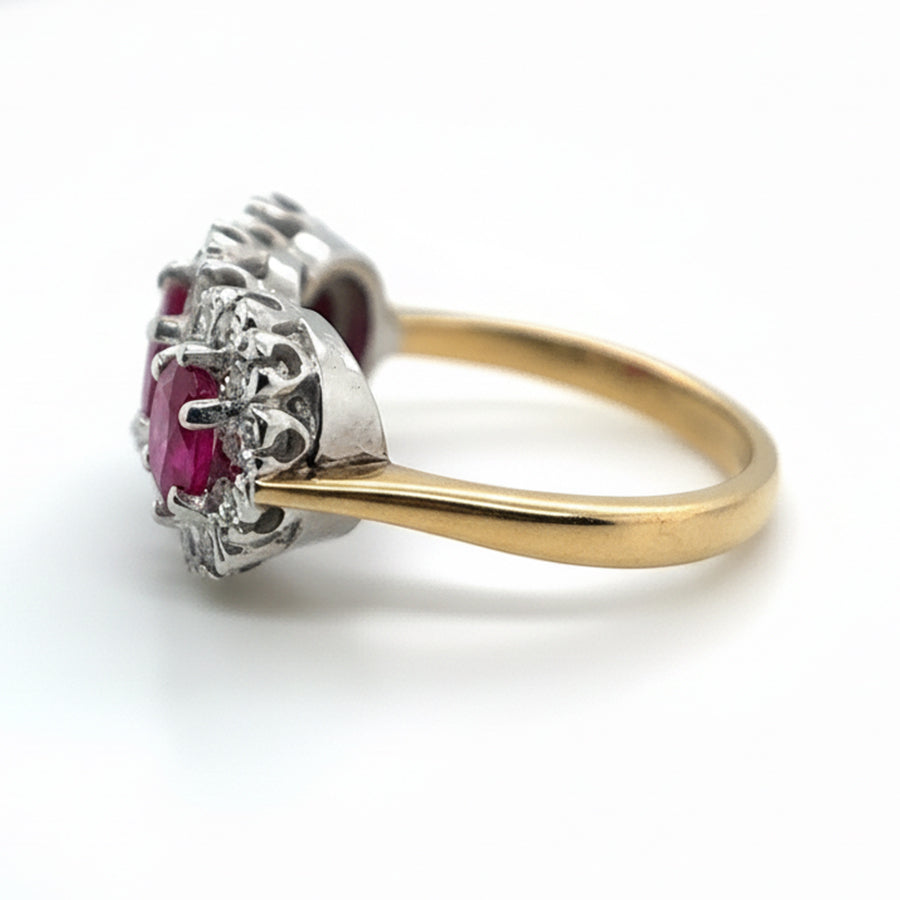 18ct Yellow Gold 3 Stone Ruby with Diamond Halo Ring