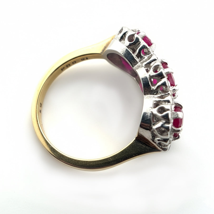 18ct Yellow Gold 3 Stone Ruby with Diamond Halo Ring