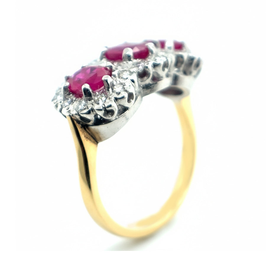 18ct Yellow Gold 3 Stone Ruby with Diamond Halo Ring