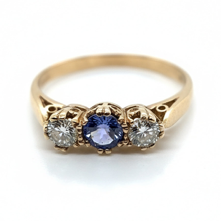 9ct Yellow Gold Tanzanite And Diamond 3 Stone Ring