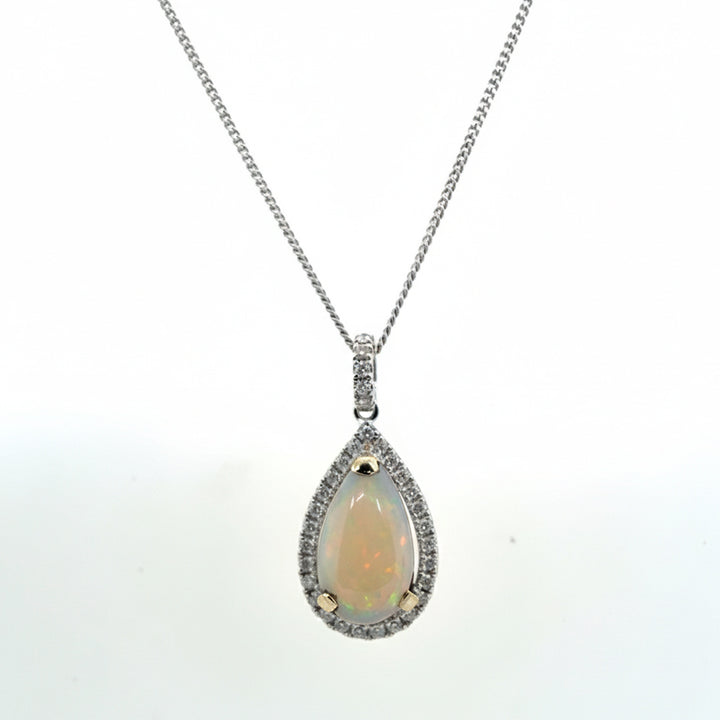 18ct White Gold Opal And Diamond Pendant