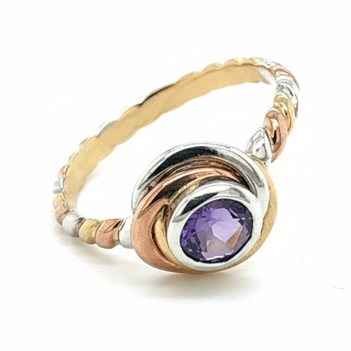 9ct Three Tone Gold Amethyst Ring