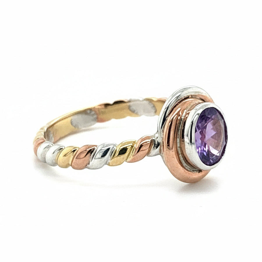9ct Three Tone Gold Amethyst Ring