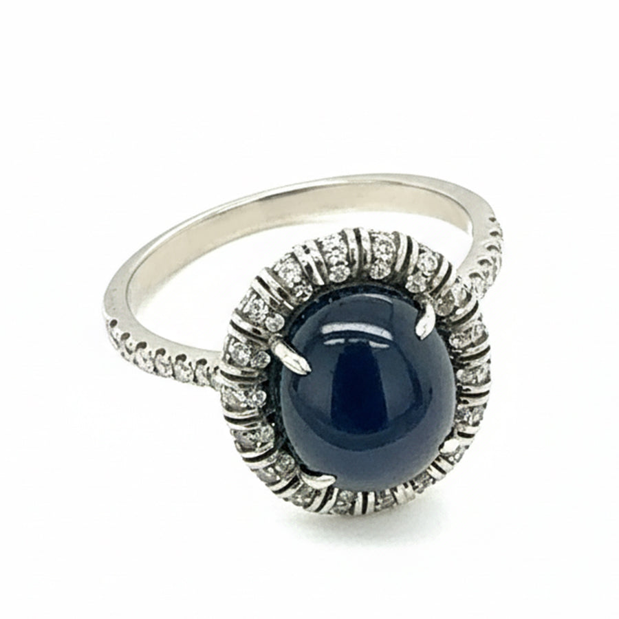 14ct White Gold Cabasion Sapphire and Diamond Ring