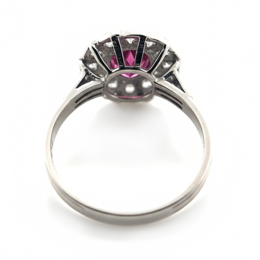 Platinum Ruby Ring with Diamond Fan Halo