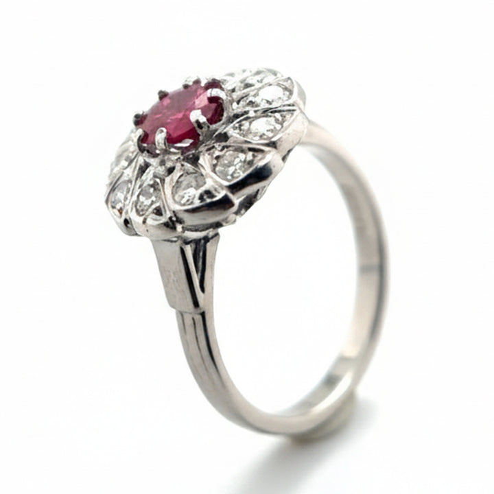 Platinum Ruby Ring with Diamond Fan Halo