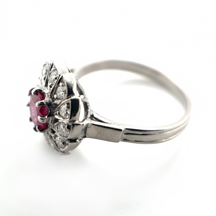 Platinum Ruby Ring with Diamond Fan Halo