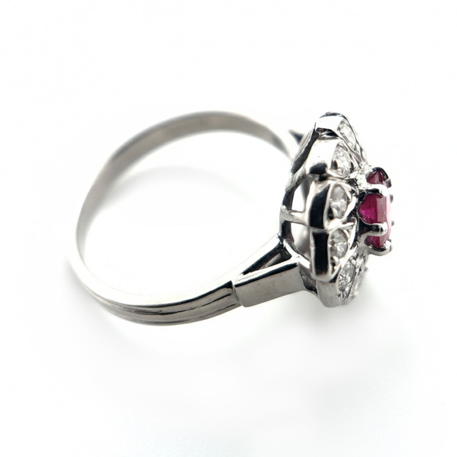 Platinum Ruby Ring with Diamond Fan Halo