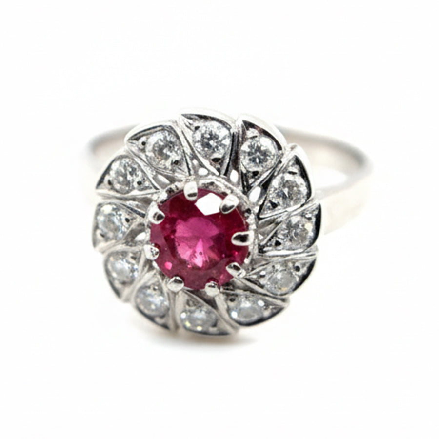 Platinum Ruby Ring with Diamond Fan Halo