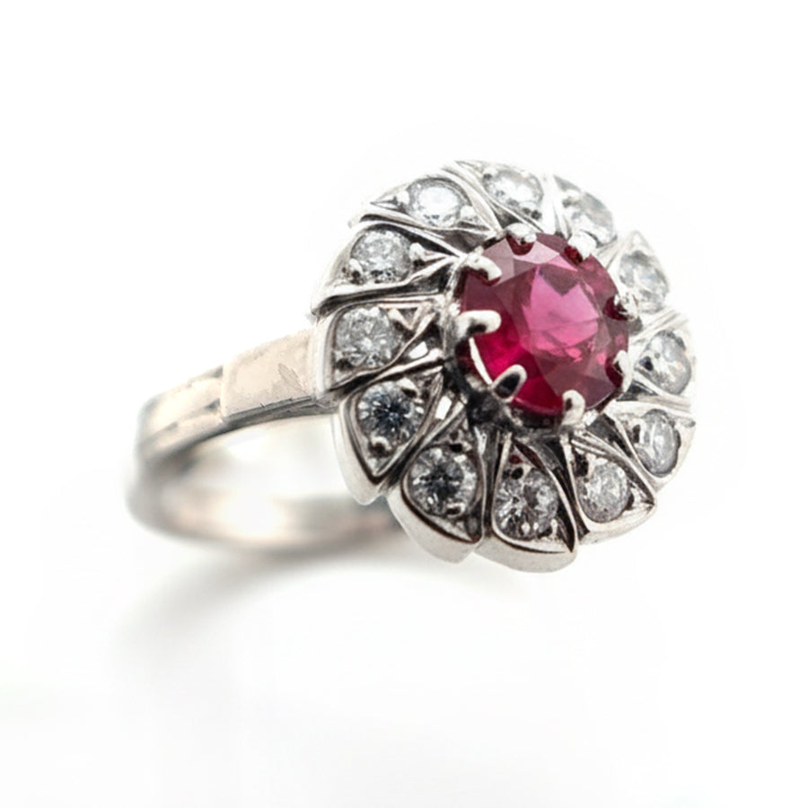 Platinum Ruby Ring with Diamond Fan Halo