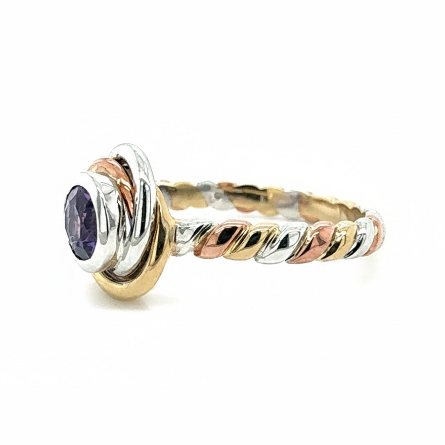 9ct Three Tone Gold Amethyst Ring