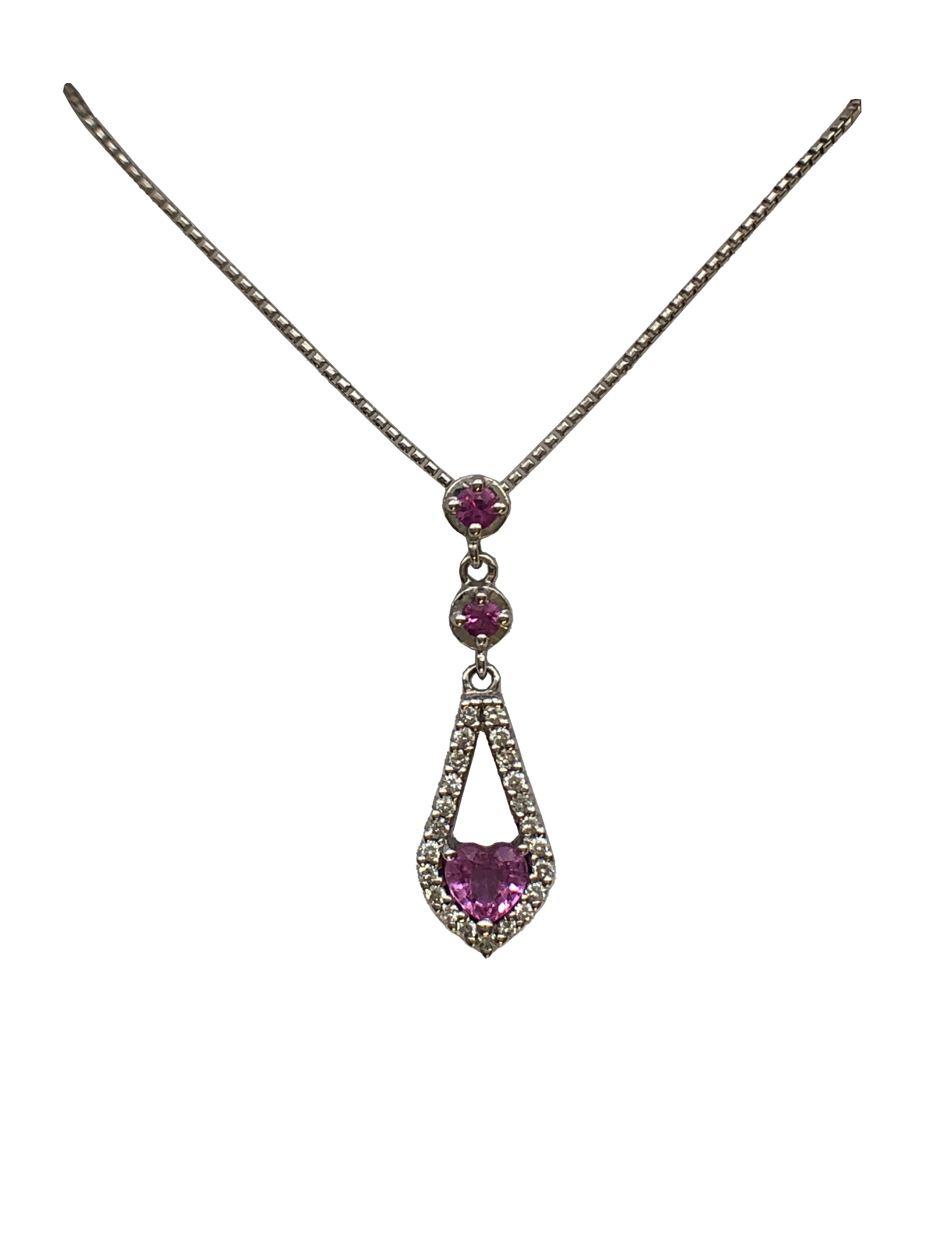 An 18ct white gold pink sapphire and diamond pendant