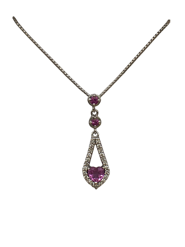 An 18ct white gold pink sapphire and diamond pendant
